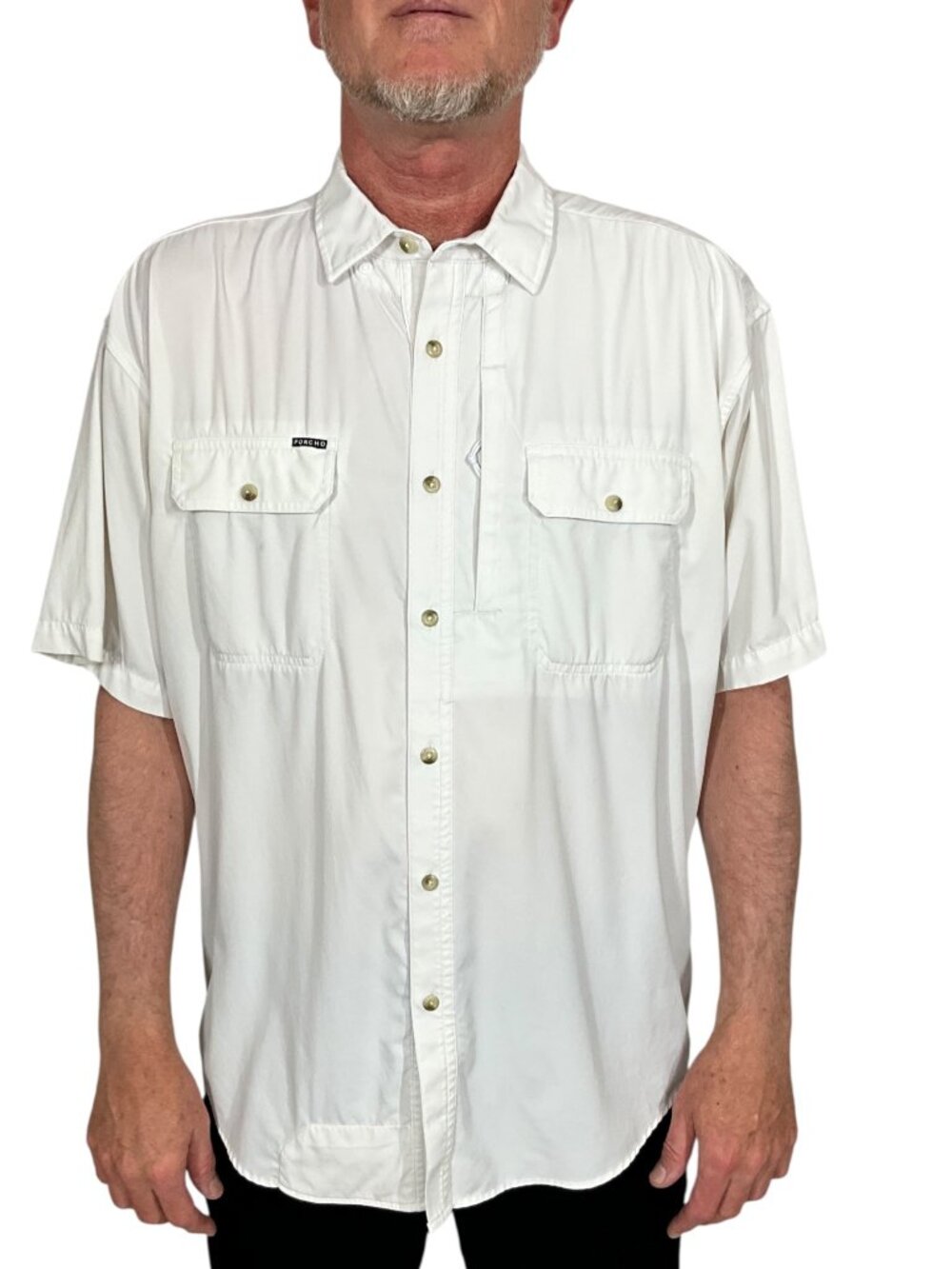 PONCHO Button Front Fishing Shirt L White Short Sleeves Fisherman DEFECTED